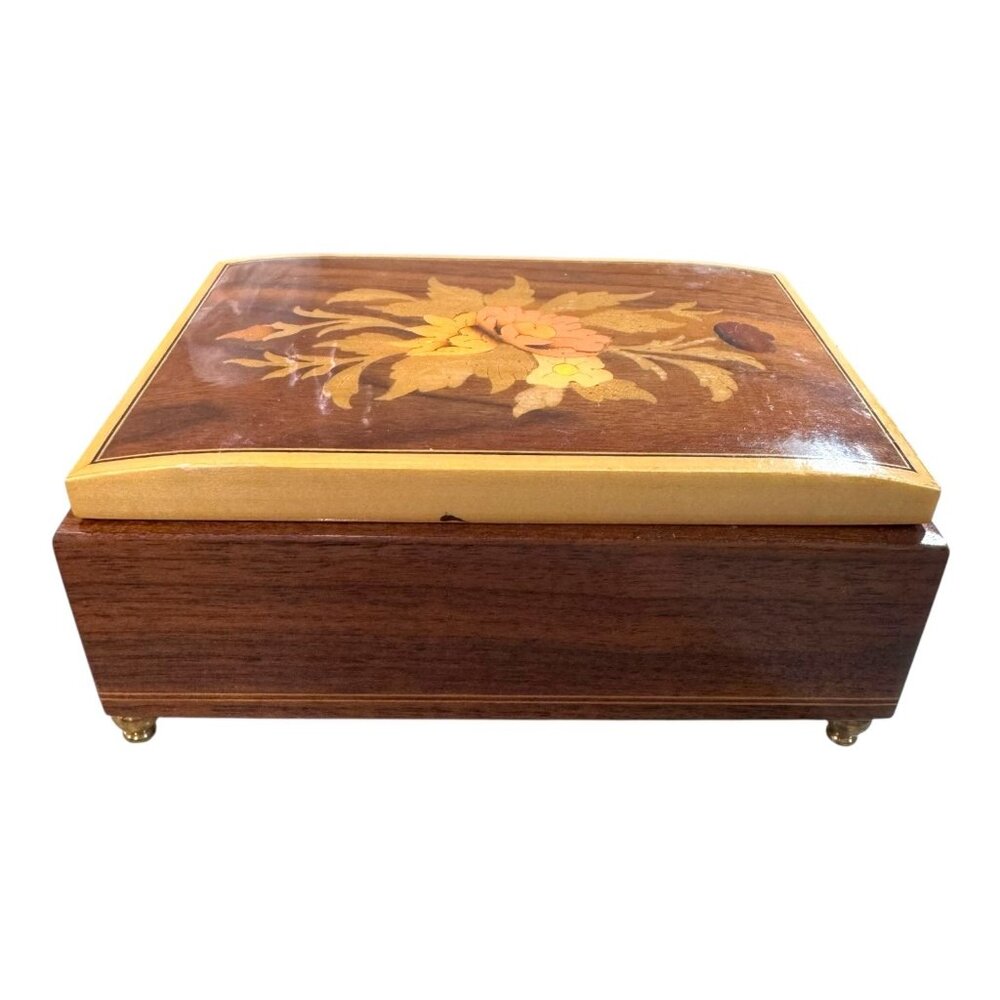 Vintage Reuge Musical Italy Wooden Jewelry Box Floral Inlay Red Velvet Interior
